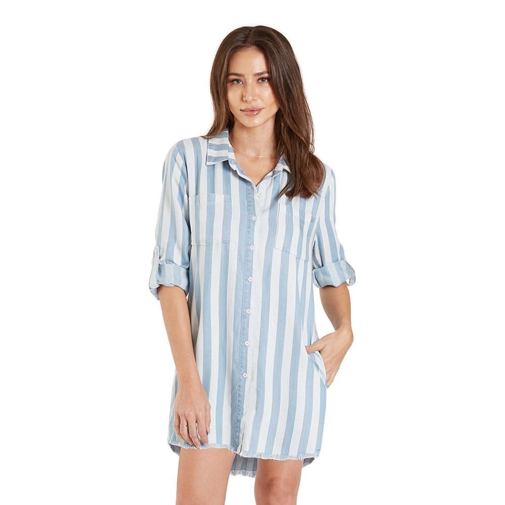 DEAR JOHN WOMEN'S 3/4 SLEEVE STRIPE CHAMBRAY SHIRT DRESS